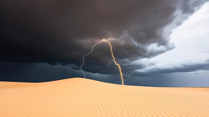 Lightning strikes over a vast desert landscape under dark stormy skies.