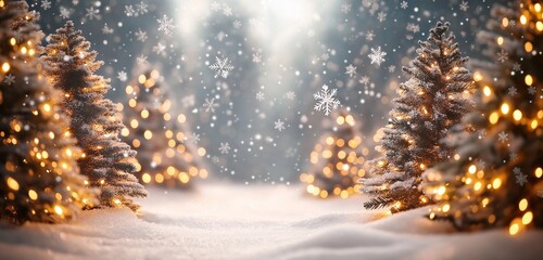 Naklejka premium A soft, dreamy scene with blurred snowflakes falling gently against a backdrop of glowing Christmas trees. 