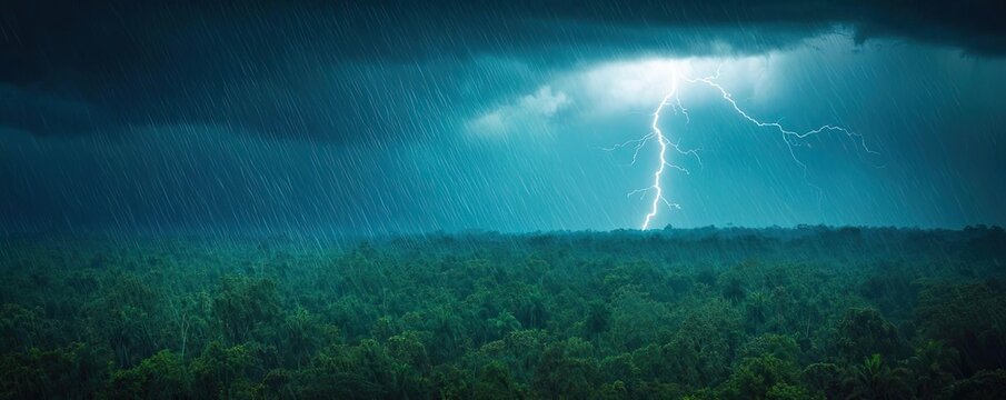 Dramatic thunderstorm over lush green forest landscape.