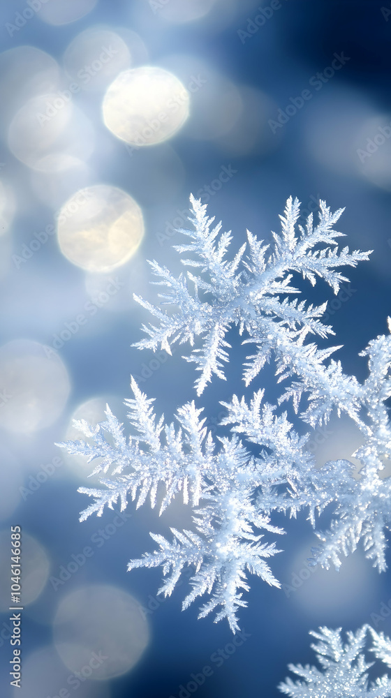 Poster delicate snowflake with a soft blue background and bokeh lights.