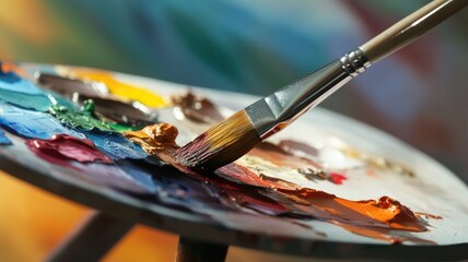 Fototapeta premium Brush blending vibrant colors on artist's palette