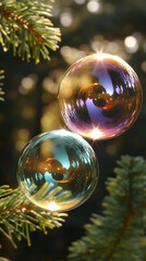 Two iridescent Christmas ornaments hanging from a pine tree branch.