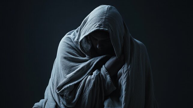 Depression awareness campaign, showing a person wrapped in a blanket, feeling lonely