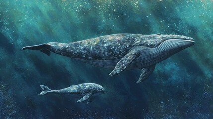 Naklejka premium Baby Blue whale calf swimming next to its mother