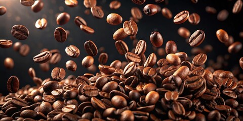 Obraz premium Coffee beans falling on a dark background, creating a captivating display of rich brown hues and contrasting textures.
