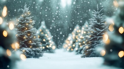 Obraz premium A tranquil forest clearing filled with snow-covered Christmas trees, their lights casting a soft, blurred glow. 