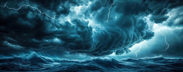 Dramatic storm clouds over turbulent ocean waves.