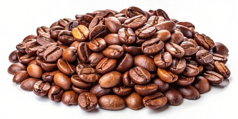 Fototapeta premium Close-up of roasted coffee beans, capturing their rich brown color and smooth texture, isolated against a clean white background.