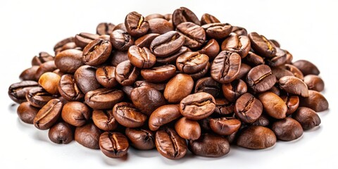 Naklejka premium A close-up view of a heap of roasted coffee beans against a white background showcasing their rich brown hue and textured surface.