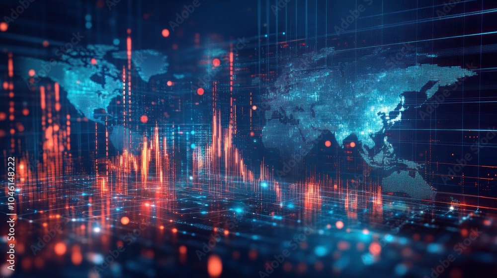 Poster digital marketing analytics visualized with global economic indicators on a high-tech dashboard