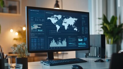 Naklejka premium Digital marketing global economy analytics screen with interactive business metrics