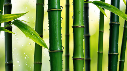 Close-up view of fresh green bamboo stalks with water droplets, capturing nature’s purity and serenity, symbolizing growth, strength, and resilience in lush surroundings.