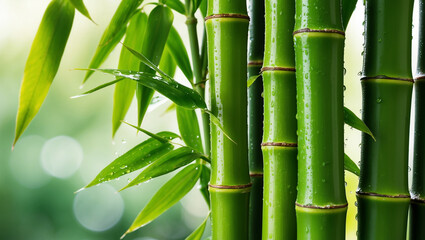 Close-up view of fresh green bamboo stalks with water droplets, capturing nature’s purity and serenity, symbolizing growth, strength, and resilience in lush surroundings.