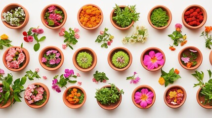 Aerial view of various colorful flowers arranged in terracotta pots on a white background