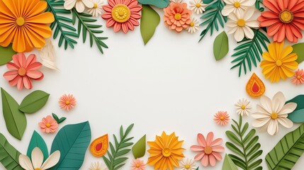 Colorful paper flower arrangement with green leaves on white background