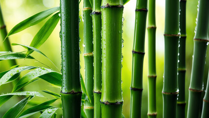 Close-up view of fresh green bamboo stalks with water droplets, capturing nature’s purity and serenity, symbolizing growth, strength, and resilience in lush surroundings.