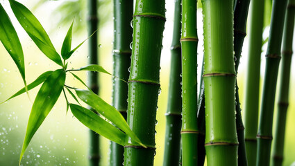 Obraz premium Close-up view of fresh green bamboo stalks with water droplets, capturing nature’s purity and serenity, symbolizing growth, strength, and resilience in lush surroundings.
