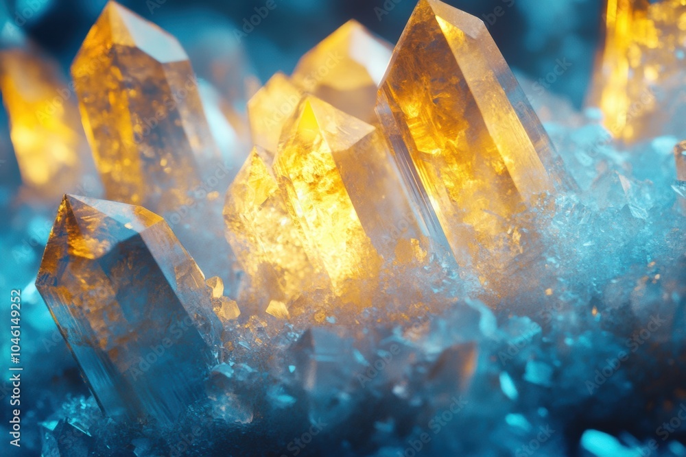 Aufkleber icy crystals emit a warm glow, reflecting light in intricate patterns against a rich blue backdrop, 