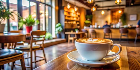 A Cup of Latte with a Heart Design on a Wooden Table in a Cafe with Blurred Background