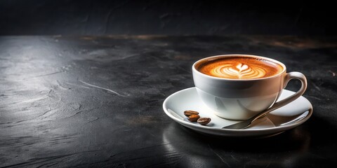 Fototapeta premium A steaming cup of cappuccino with intricate latte art on top, resting on a saucer with three coffee beans, against a backdrop of dark slate.