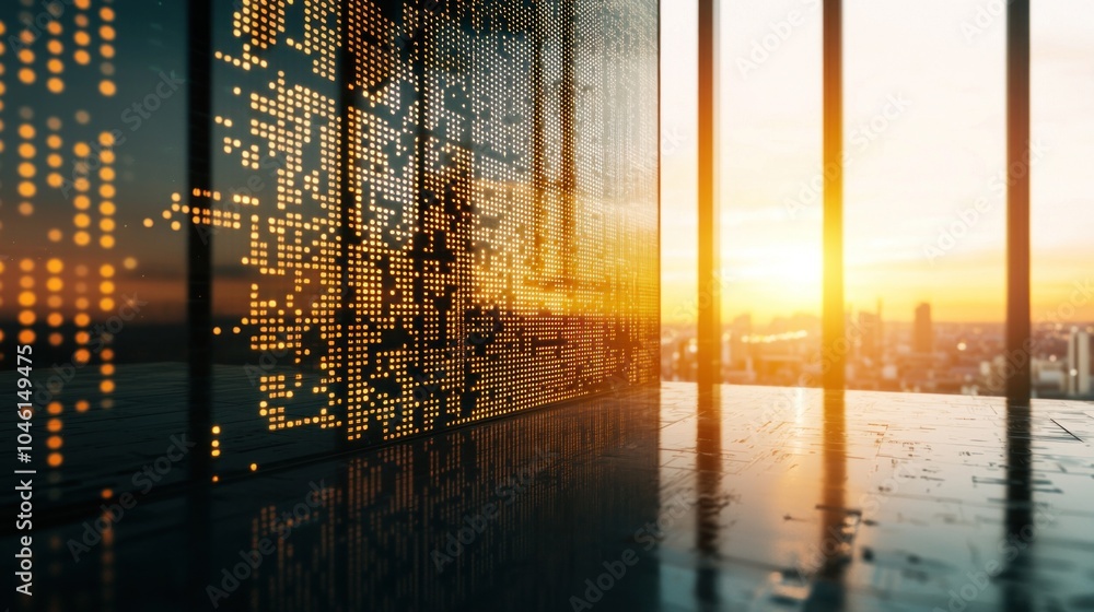 Poster a high-resolution image showcasing a blockchain led headquarters at sunset highlighting technology a