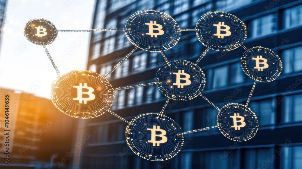 Poster exploring the future of financial transactions with a sleek and modern blockchain-themed digital hea