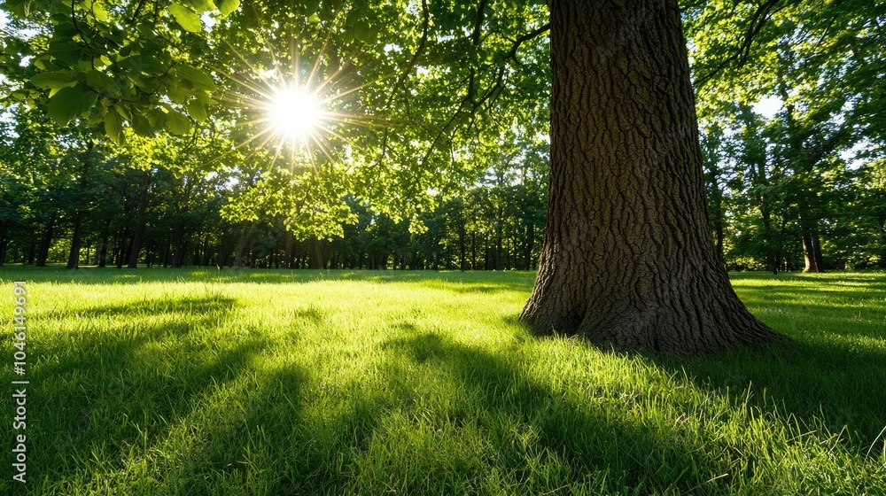 Poster sunlight filtering through green foliage and tree trunk on a grassy field.