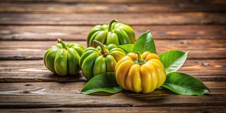 Still life with fresh garcinia cambogia on wooden background