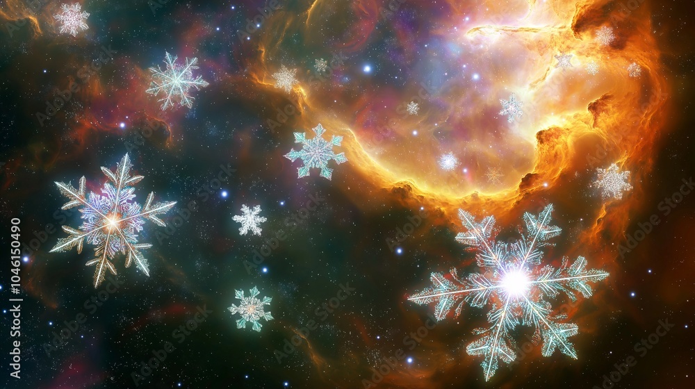 Wall mural an ethereal view of the snowflake galaxy, where each snowflake-shaped star glows brightly within a s