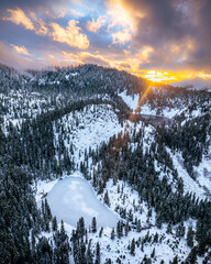 Early Winter aerial of Mountain Lakes at Sunset