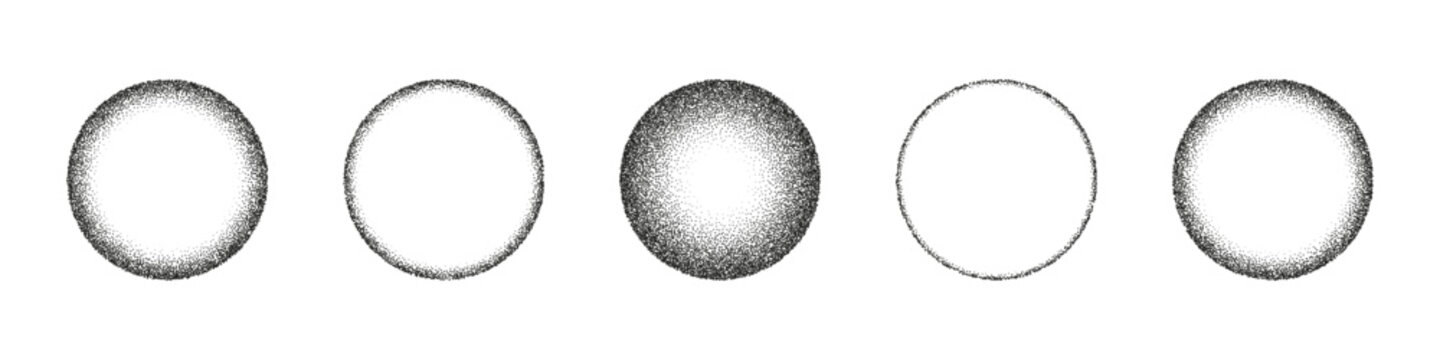 Gradient dot with grain and noise, textured sphere. Stippled circle and abstract shadow with moon like grainy pattern. Flat vector illustration isolated on white background.