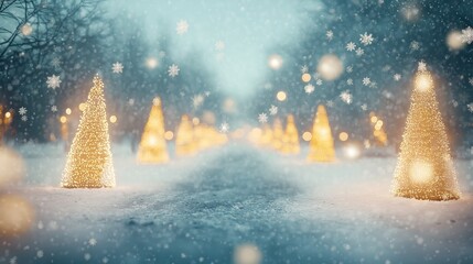 An icy winter park filled with blurred, glowing Christmas trees along the paths. Snowflakes appear as soft, glowing orbs, drifting lazily through the scene, adding a whimsical .