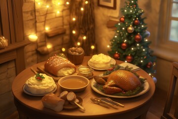 Obraz premium An intimate Christmas dinner scene featuring a small, round table set with homemade Christmas dishes like roast chicken, gravy, mashed potatoes, and a loaf of freshly baked bread. 