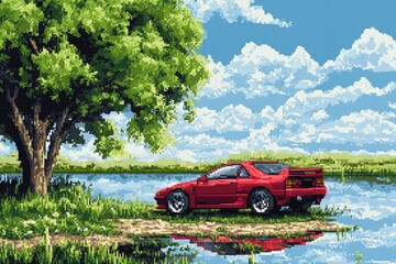 Graphic mosaic - pixel art, playful minimalism, colorful blocks form detailed compositions, combining simplicity and innovation, evoking spirit of classic gaming, abstract digital expression.