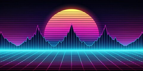 Naklejka premium Retro Futuristic Sunset Landscape with Neon Grid and Digital Mountain Range