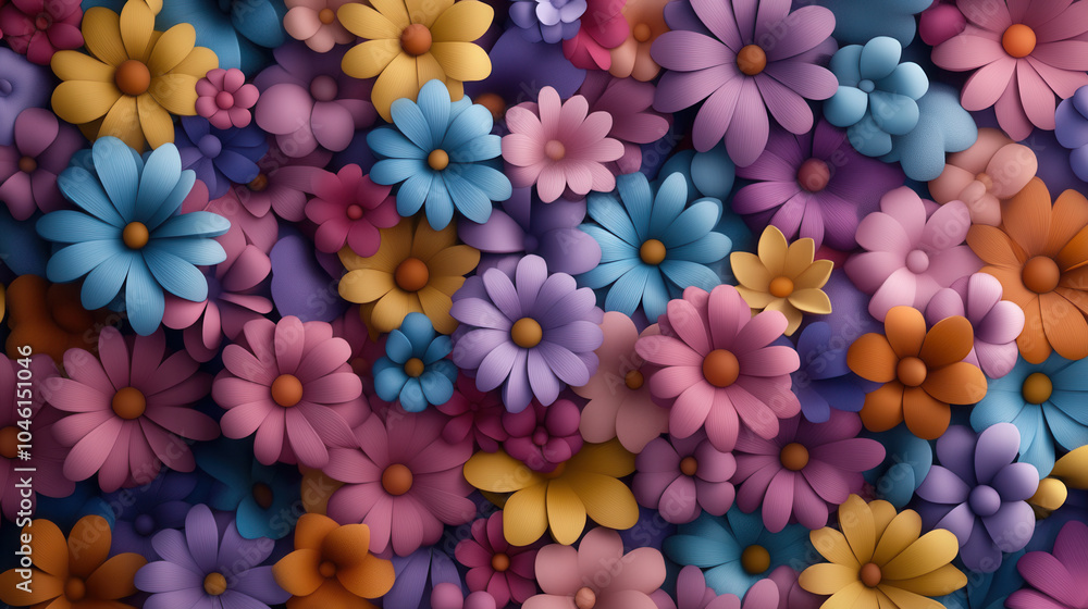 Poster vibrant floral image featuring colorful array of 3d flowers in various shapes and sizes, creating li