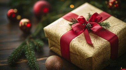 A beautifully packaged Christmas gift box, adorned with gold and vibrant red ribbons, adorned with pine branches and holiday decorations, evoking warmth and joy during the holiday season