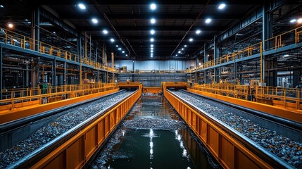 Obraz premium A recycling facility where employees sort and process various materials, highlighting the company's commitment to reducing waste.