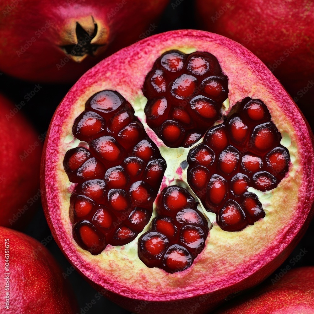Poster a close-up of a ripe pomegranate cut in half, showcasing its deep red seeds and the intricate patter