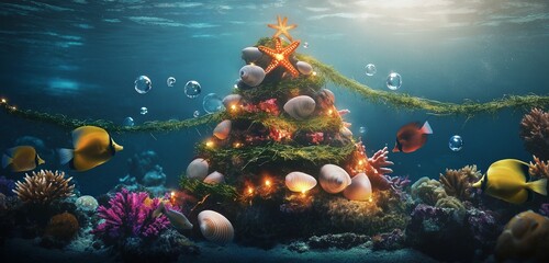 An underwater Christmas scene with a coral reef decorated like a Christmas tree, featuring glowing shells, starfish ornaments.