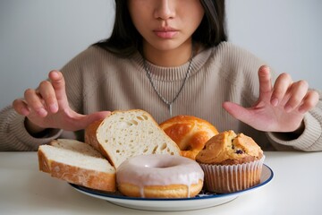 Gluten allergy, asian young woman hand push out, refusing to eat bread and donut or doughnut on plate in breakfast food meal.