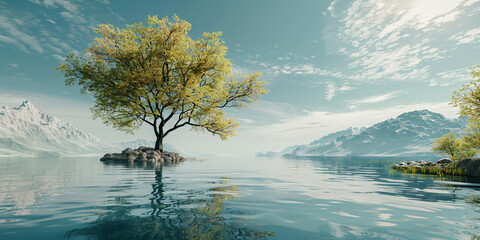a tree on a lake, Lone Tree on a Serene Lake, 