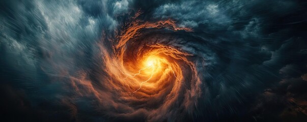 A stunning swirling cosmic vortex with fiery orange light amidst dark clouds.