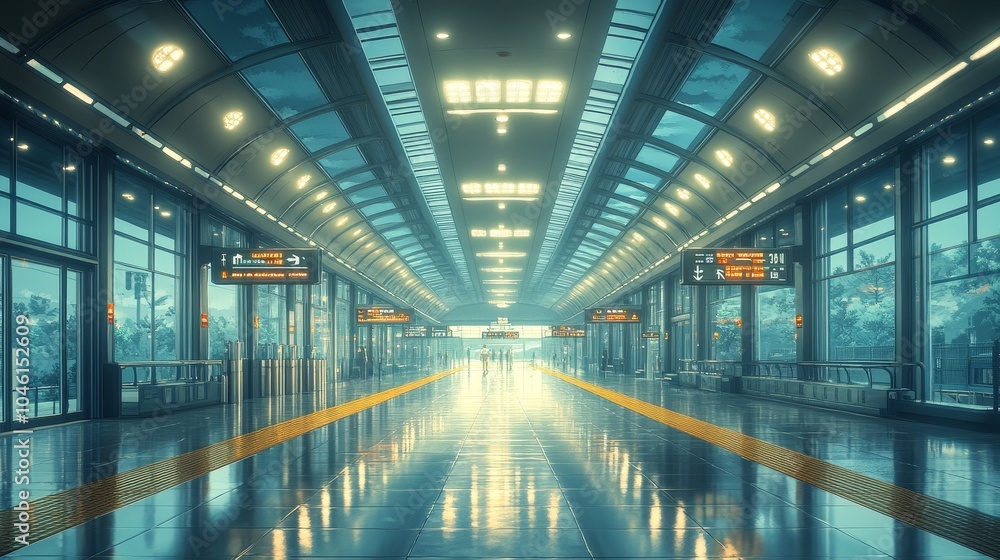 Poster the modern high-speed railway station exit features a minimalist animation style and a spacious exit