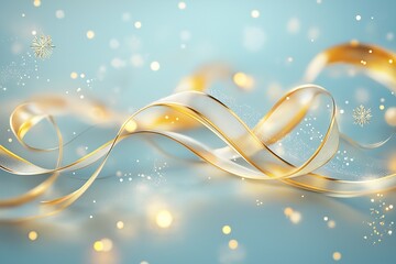 Delicate, golden curved lines resembling festive bows and ribbons, intertwined with tiny glowing dots and snowflake shapes. 