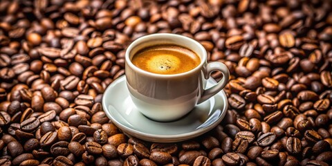 Fototapeta premium A cup of espresso resting on a bed of roasted coffee beans, waiting for the perfect moment to be savored