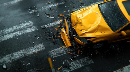 yellow taxi is involved in serious accident, with significant damage to front end. Debris is...