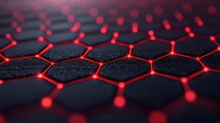 Fototapeta premium Abstract close-up of a hexagonal pattern with glowing red lights against a dark background.