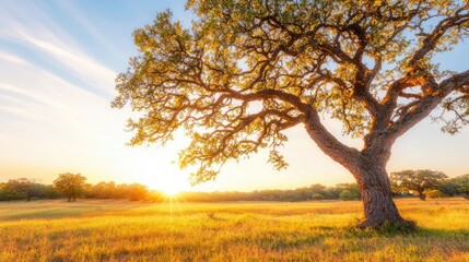 Fototapeta premium Majestic tree silhouetted against a stunning sunset in an open field.