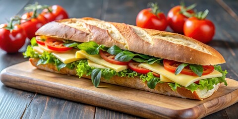 A fresh baguette sandwich filled with sliced cheese, tomatoes, and leafy greens rests on a wooden cutting board.